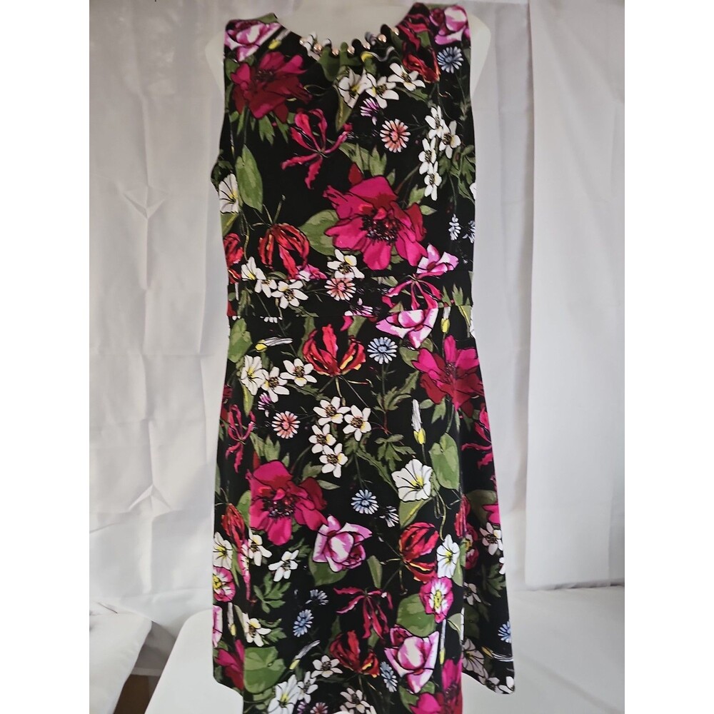 SPENSE Black & Bright Pink Floral Stretch A-Line DRESS Beaded Draped Neck size L